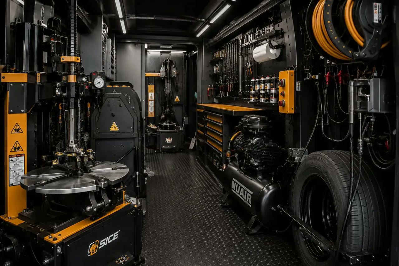 Wnętrze mobilnego warsztatu opon — montażownica i pełne wyposażenie serwisowe