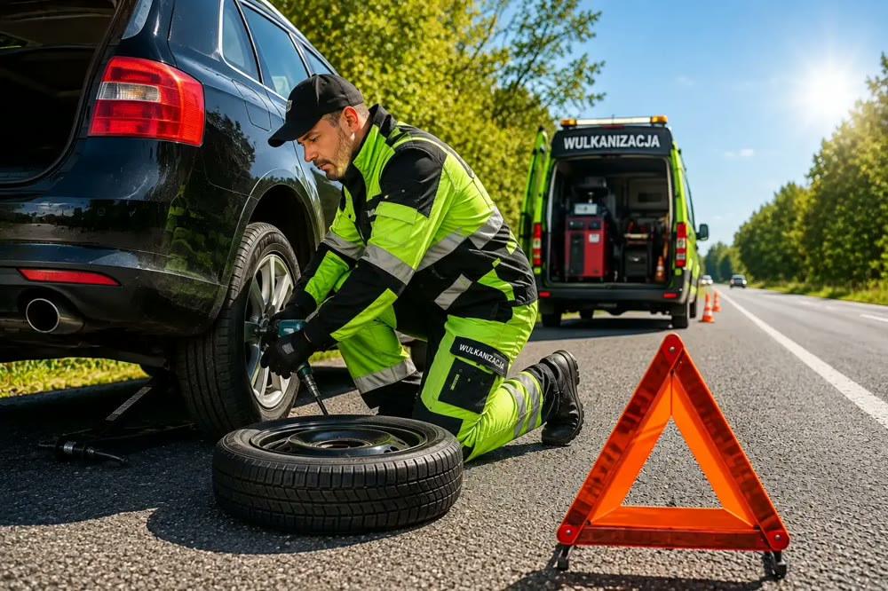 Wulkanizator mobilny wymieniający przebitą oponę na miejscu u klienta